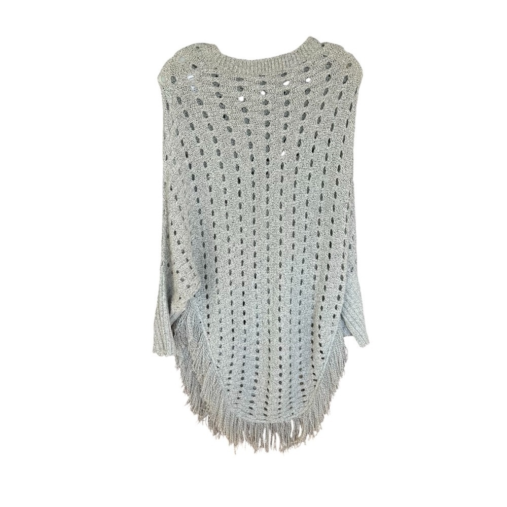 TCEC Gray Fringed Poncho Open Weave Pattern Sweater with Sleeves Size Large - Picture 3 of 5